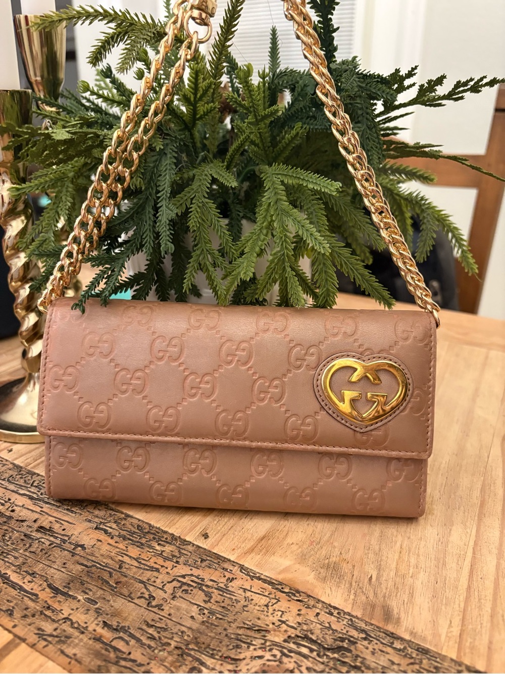 Gucci Brown Leather Chain Shoulder Bag with Gold Heart GG